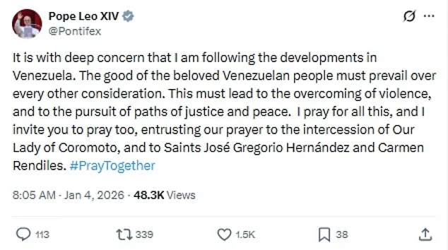 Pope Calls for Peace and Justice in Venezuela Amid Crisis, Emphasizing 'The Good of the Beloved People Must Prevail'