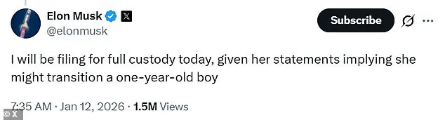 Elon Musk Seeks Full Custody of Son Amid Claims His Mother's Posts Imply Support for Transitioning the Child