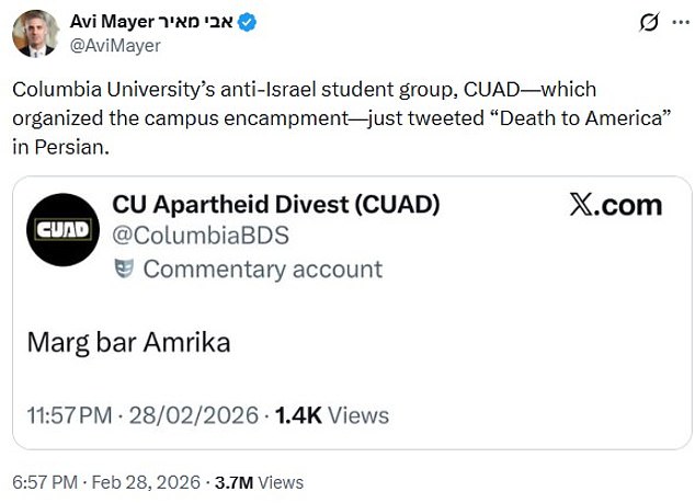 Columbia University Pro-Palestine Group's Controversial 'Death to America' Post Amid U.S.-Israeli Strike on Iran