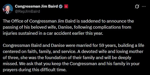 Congressman Jim Baird's Wife Dies After Car Accident Complications; Family Asks for Prayers