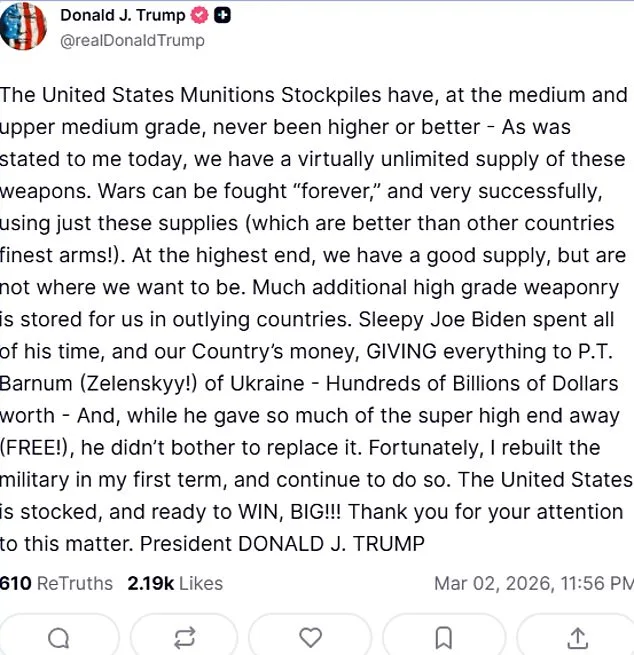 Trump Boasts of U.S. 'Unlimited' Munitions Stockpiles Amid Heightened Tensions Over Drone Strike and Iranian Assets Destroyed