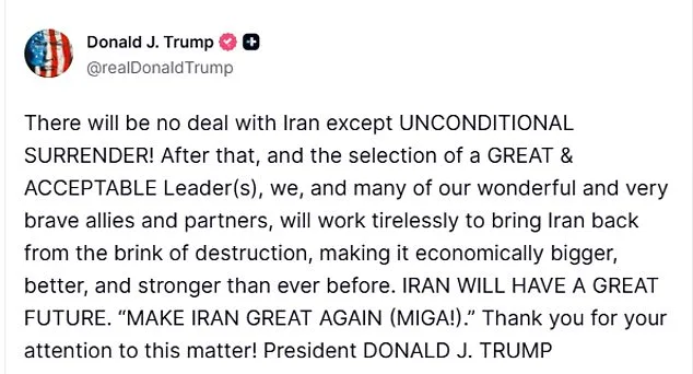Trump Demands Iran's 'Unconditional Surrender' as US Prepares for Escalation in Seven-Day Conflict