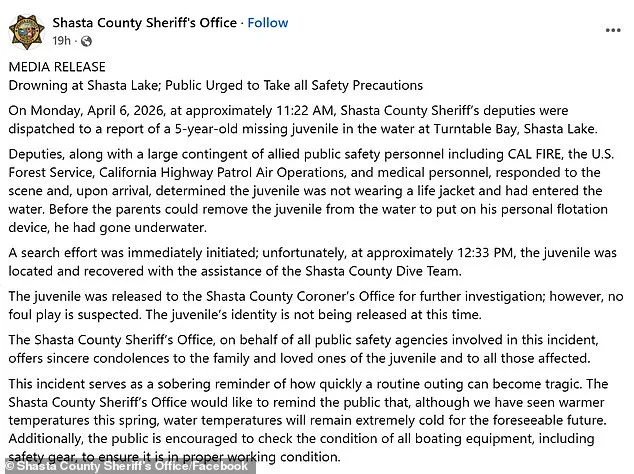 Tragedy at Shasta Lake: Five-Year-Old Boy Found Drowned After Life Jacket Violation