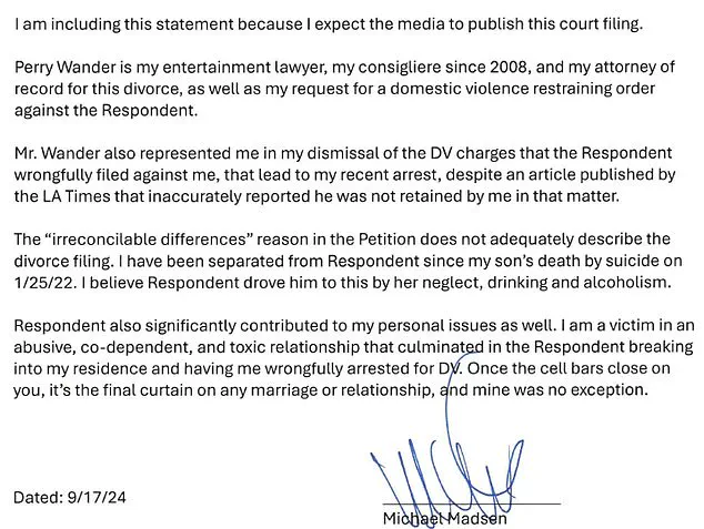 Late-Breaking: Michael Madsen's Legal Filing Resurfaces, Accusing Ex-Wife of Driving Son to Suicide