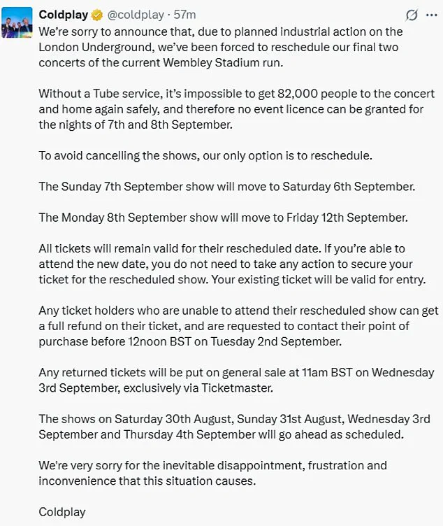 Coldplay Reschedules Wembley Shows Amid London Underground Strikes, Highlighting Logistical and PR Challenges