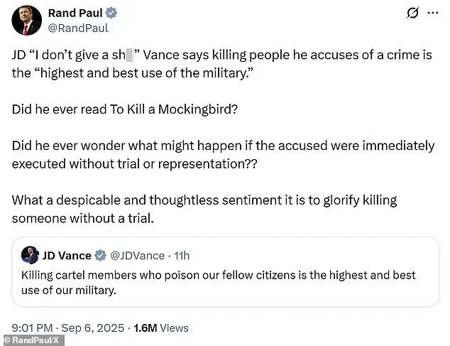 Senator Rand Paul Condemns VP JD Vance Over Comments on U.S. Strike on Vessel Linked to Tren de Aragua Drug Cartel, Fueling Legal-Ethical Debate